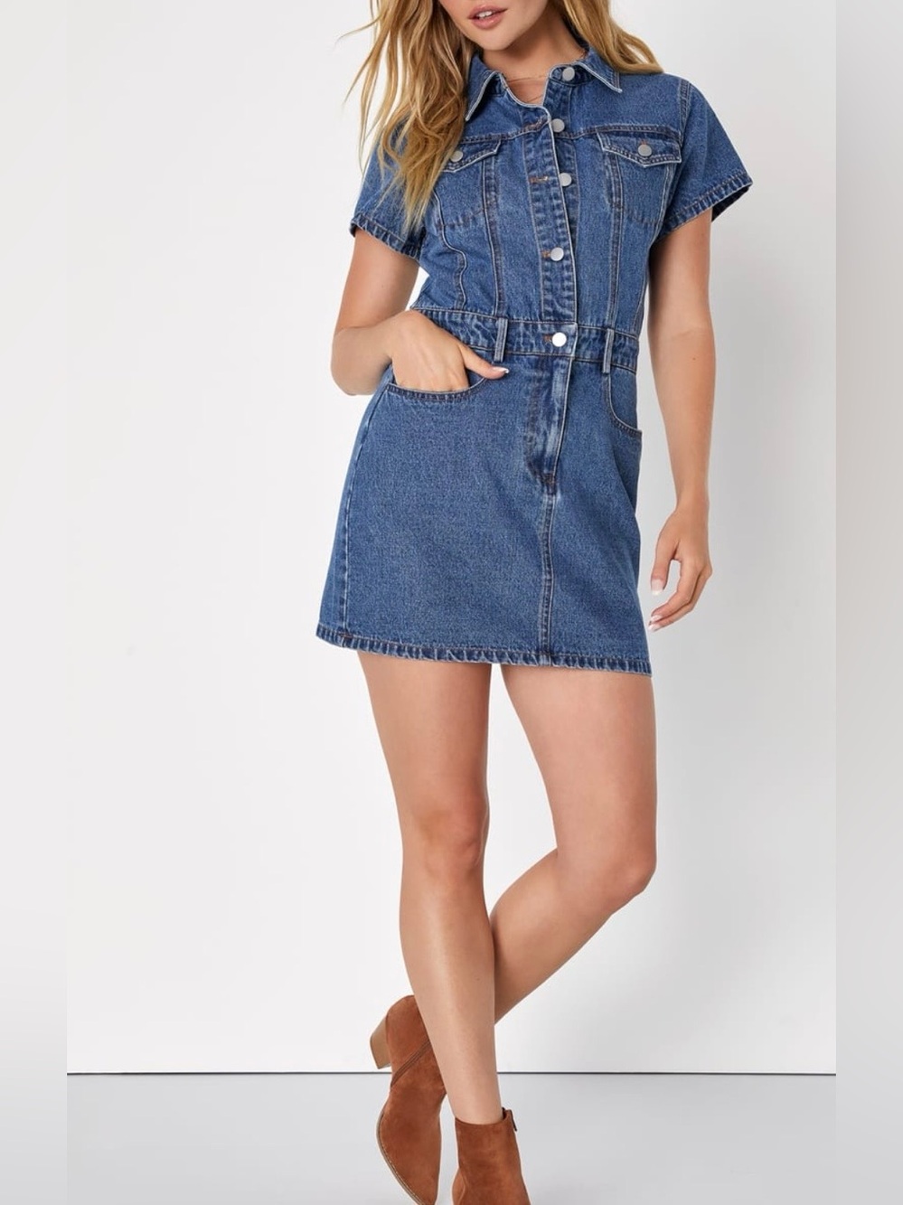 NWT Lulus Medium Wash Denim Mini Dress, Button Front, Short Sleeves, Size Small